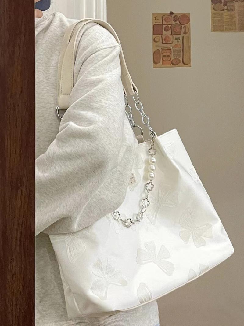 Niche bowknot embroidery large capacity canvas tote bag women  new simple and versatile pearl shoulder bag
