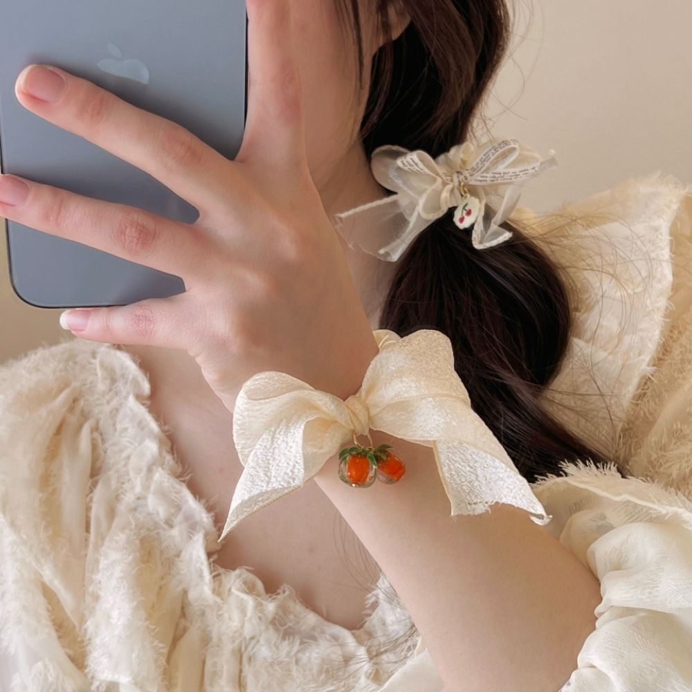 柿子蝴蝶結髮圈髮飾女孩高級感仙女發繩日系森系絲帶飄帶綁發頭飾