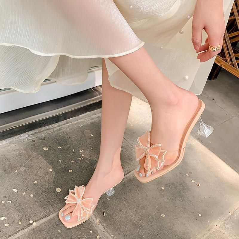 Transparent sandals women's 2023 summer new fashion mid-heel temperament high-heeled shoes bow stiletto back empty slippers