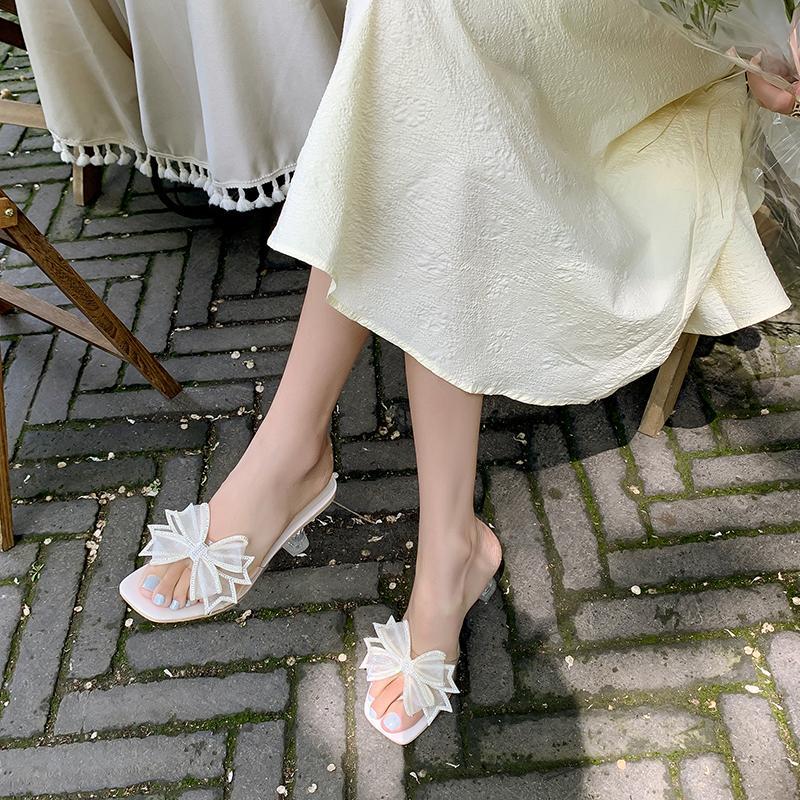 Transparent sandals women's 2023 summer new fashion mid-heel temperament high-heeled shoes bow stiletto back empty slippers