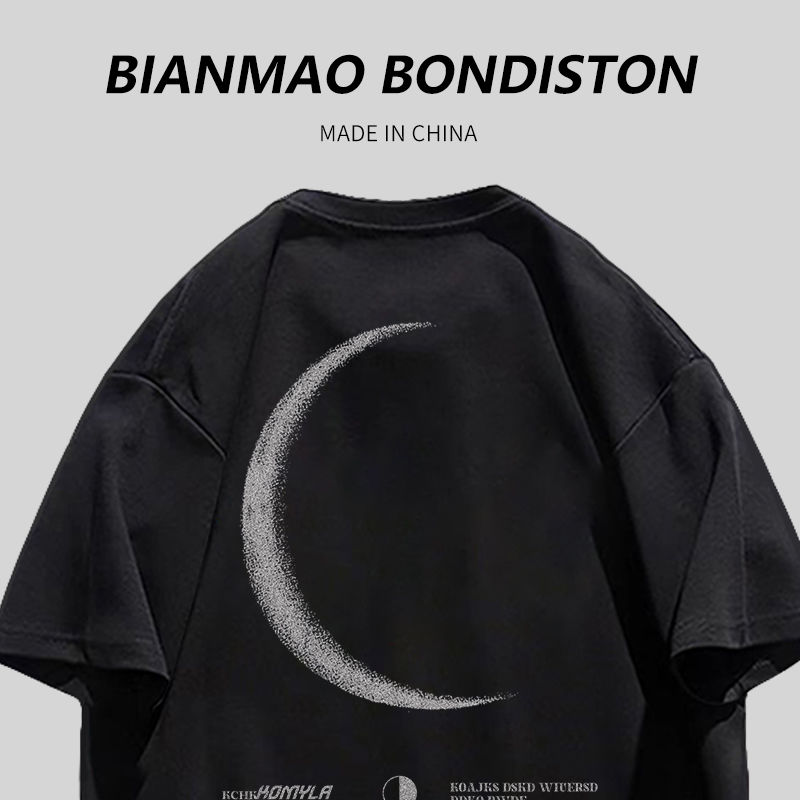 100% pure cotton trendy brand moon summer new Japanese cotton black couple outfit loose short-sleeved T-shirt top ins