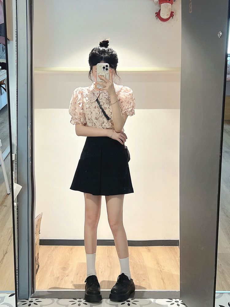 夏季新款小個子一整套學院風茶系少女俏皮碎花襯衫+短裙兩件套裝