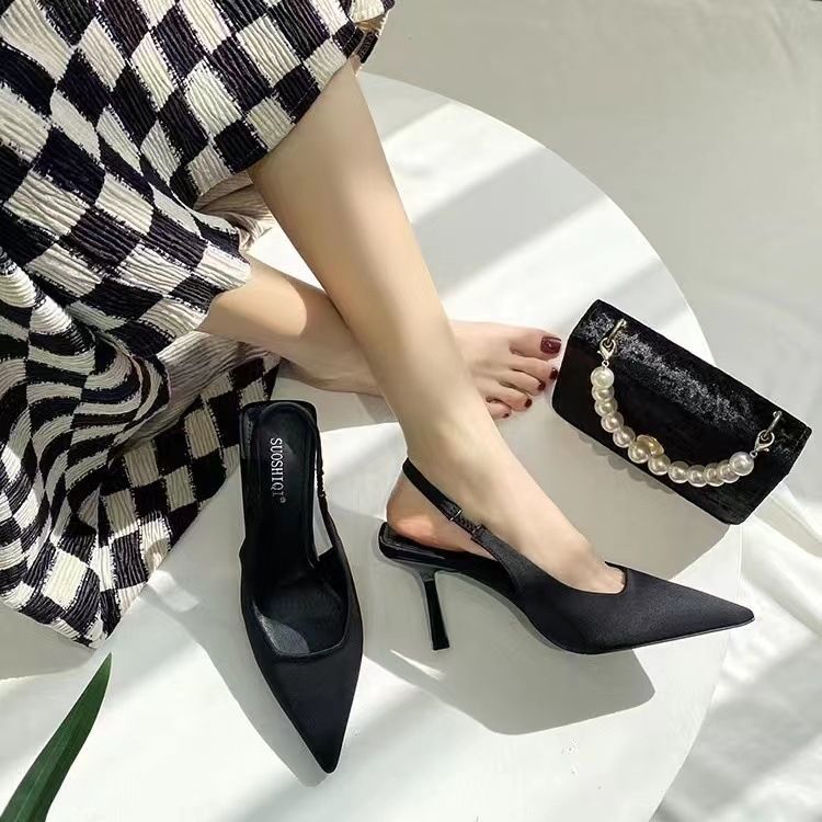 年新款春夏季尖头气质单鞋性感法式高跟黑色包头凉鞋仙女鞋子