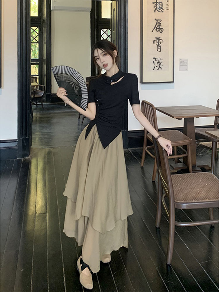 中國風設計感不規則鏤空短袖上衣高腰半身裙女夏季2023新款兩件套