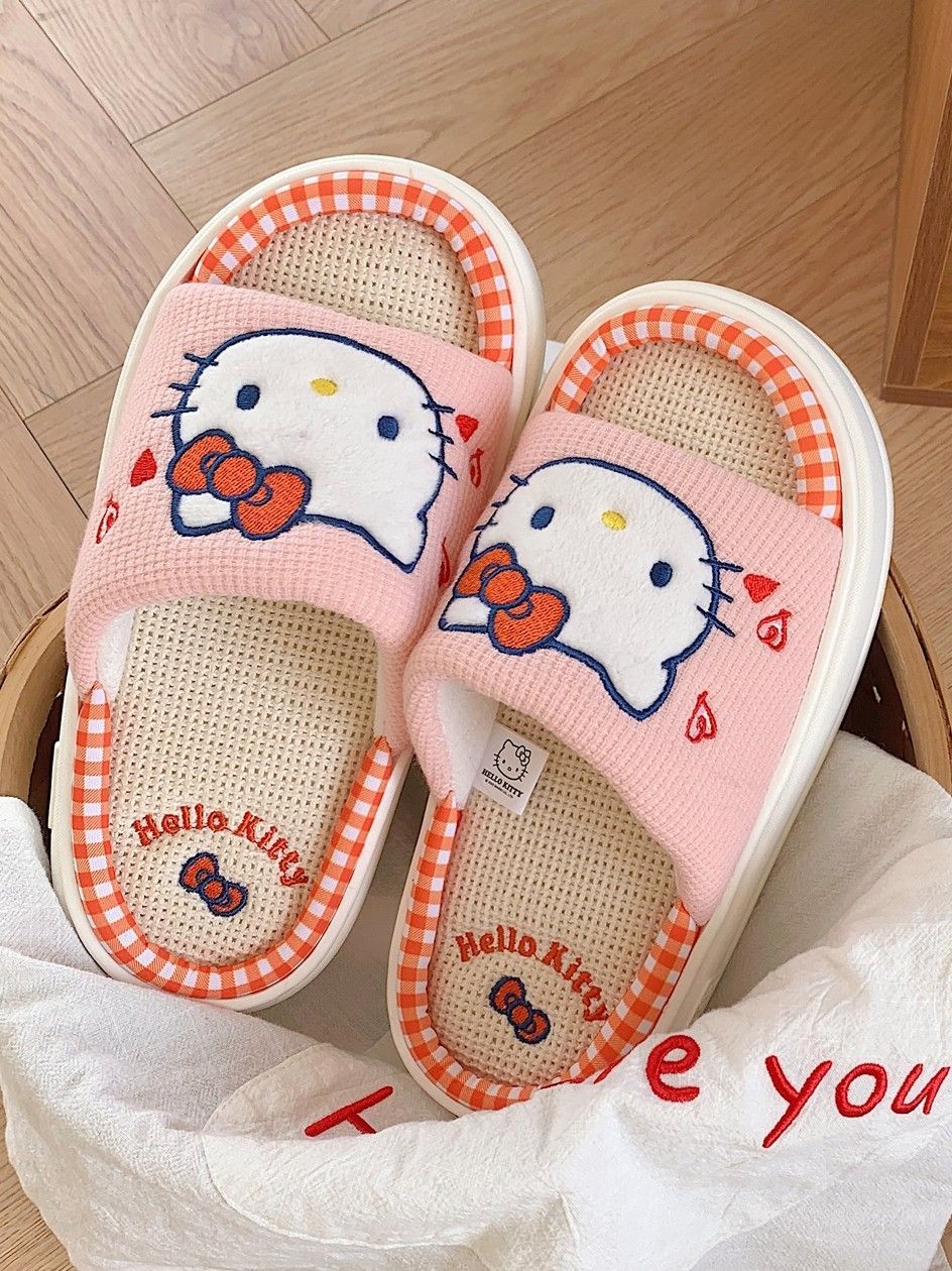 Thin strip Sanrio Hello Kitty lightweight breathable cotton and linen home shoes ladies new four seasons linen slippers ins