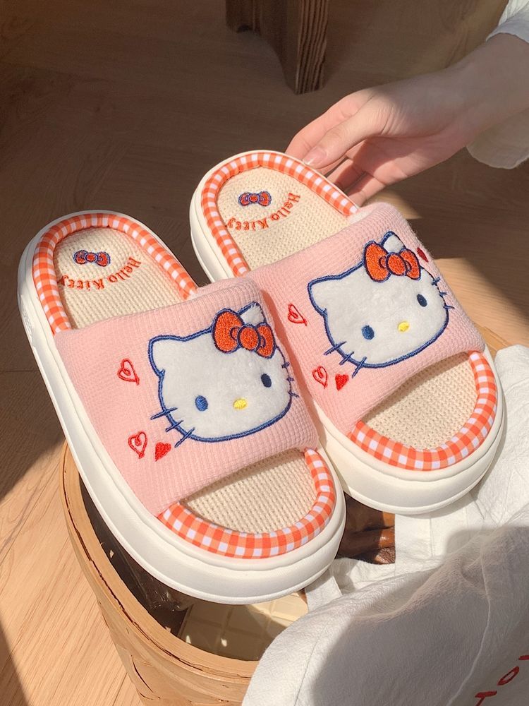 Thin strip Sanrio Hello Kitty lightweight breathable cotton and linen home shoes ladies new four seasons linen slippers ins