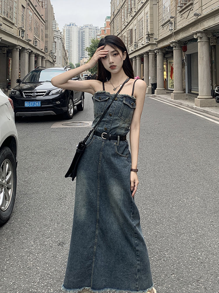 Design sense tube top denim dress female spring  new waist slimming fringed fringed hot girl long skirt