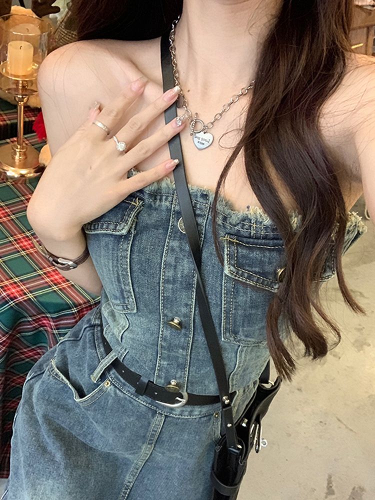 Design sense tube top denim dress female spring  new waist slimming fringed fringed hot girl long skirt