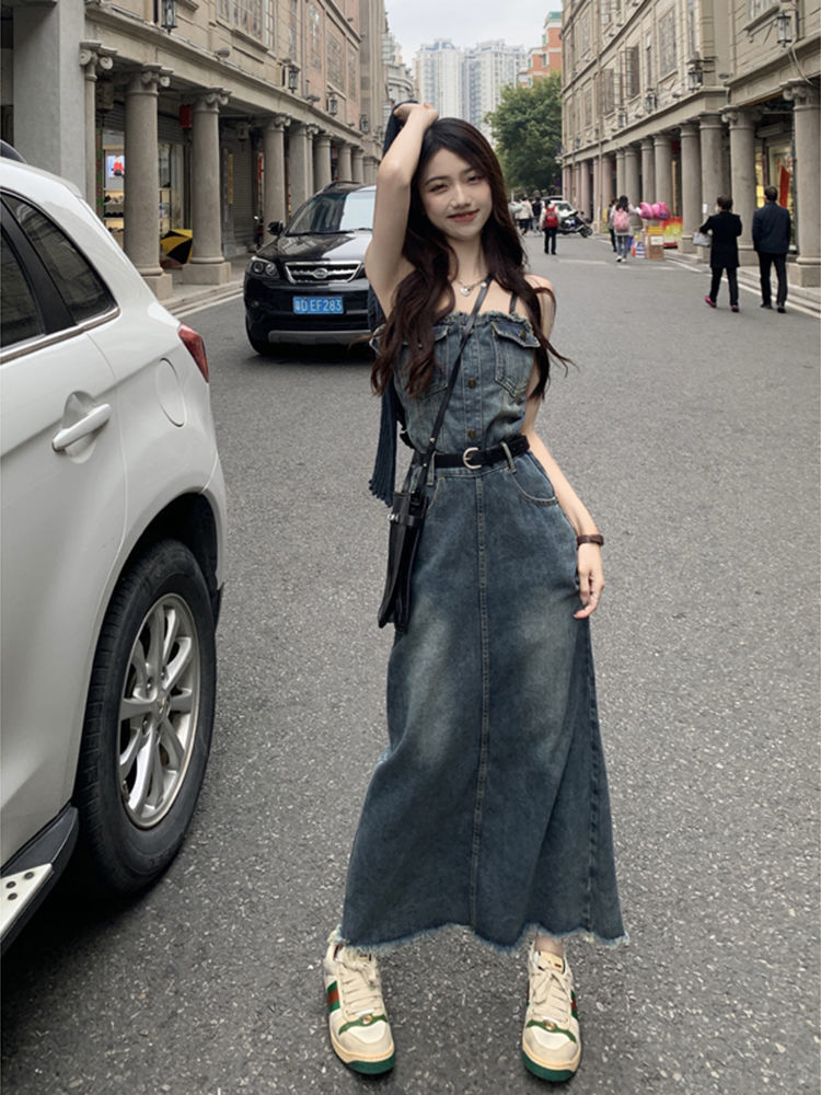 Design sense tube top denim dress female spring  new waist slimming fringed fringed hot girl long skirt