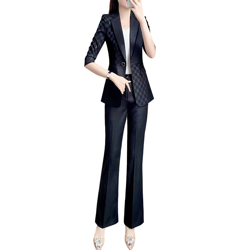 罗蒙西装外套女新款黑色格子拼接西服工作服时尚职业正装套装