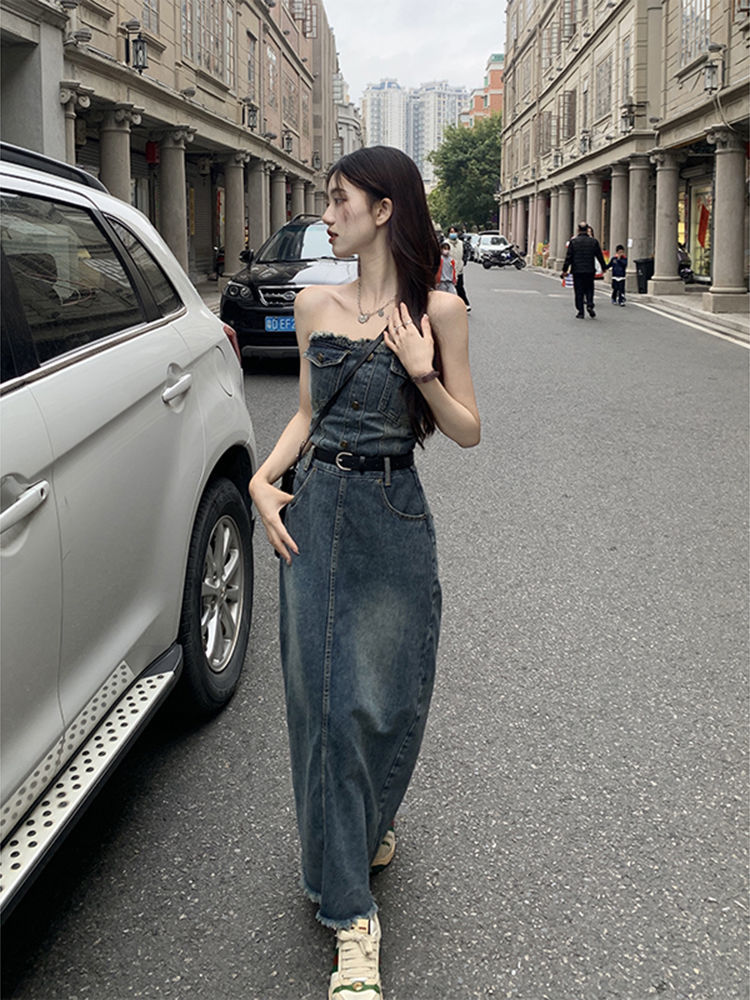 Design sense tube top denim dress female spring  new waist slimming fringed fringed hot girl long skirt