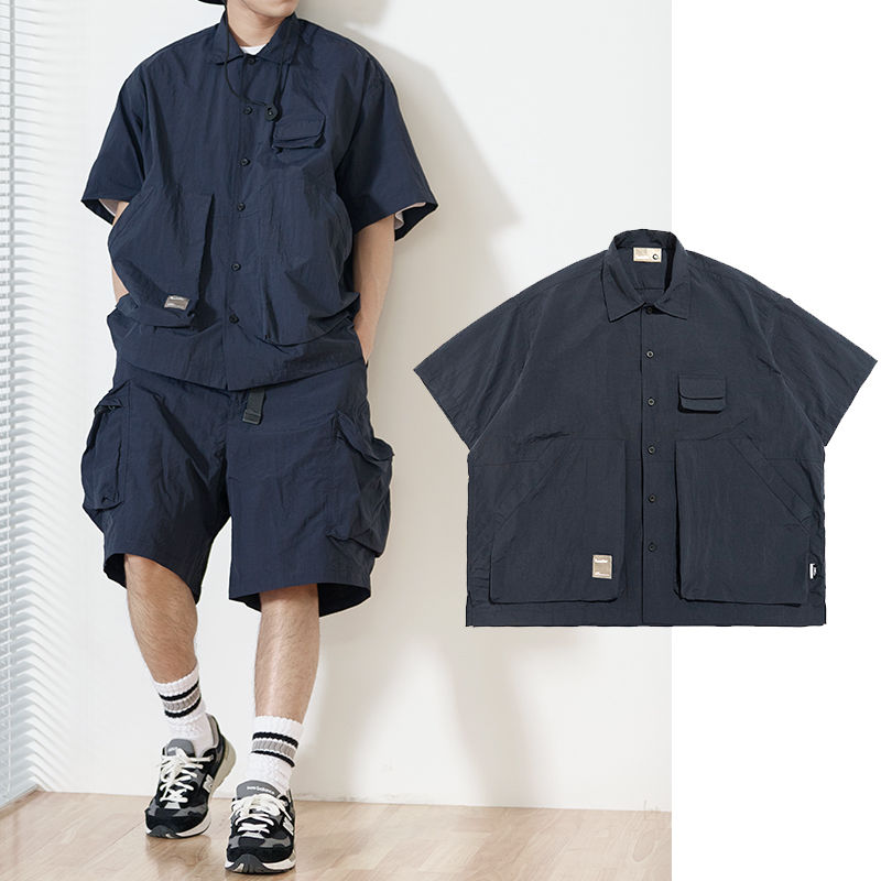 夏季日系cityboy纯色多口袋工装短袖衬衫男潮牌宽松复古机能衬衣