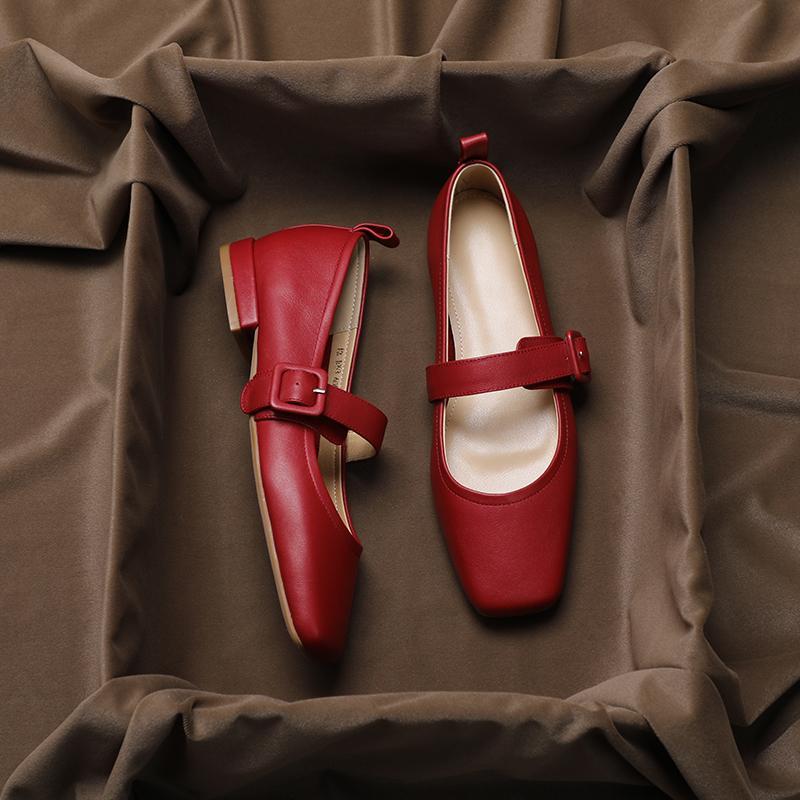 法式复古红色单鞋女小皮鞋早春新款时尚温柔仙女鞋