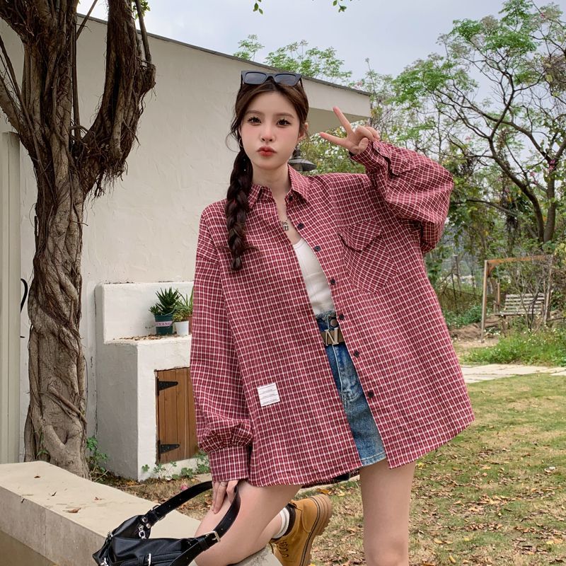 美式古着紅格子襯衫女裝春季2023年新款復古百搭簡約通勤長袖襯衣