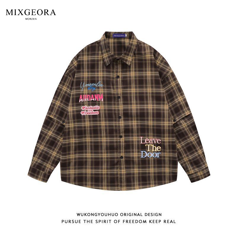 MIX GEORA American retro long-sleeved plaid shirt men's and women's trendy brand loose printed couple's all-match shirt