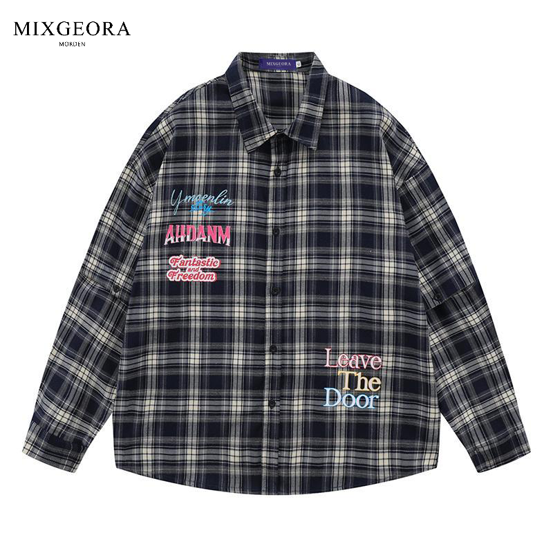 MIX GEORA American retro long-sleeved plaid shirt men's and women's trendy brand loose printed couple's all-match shirt