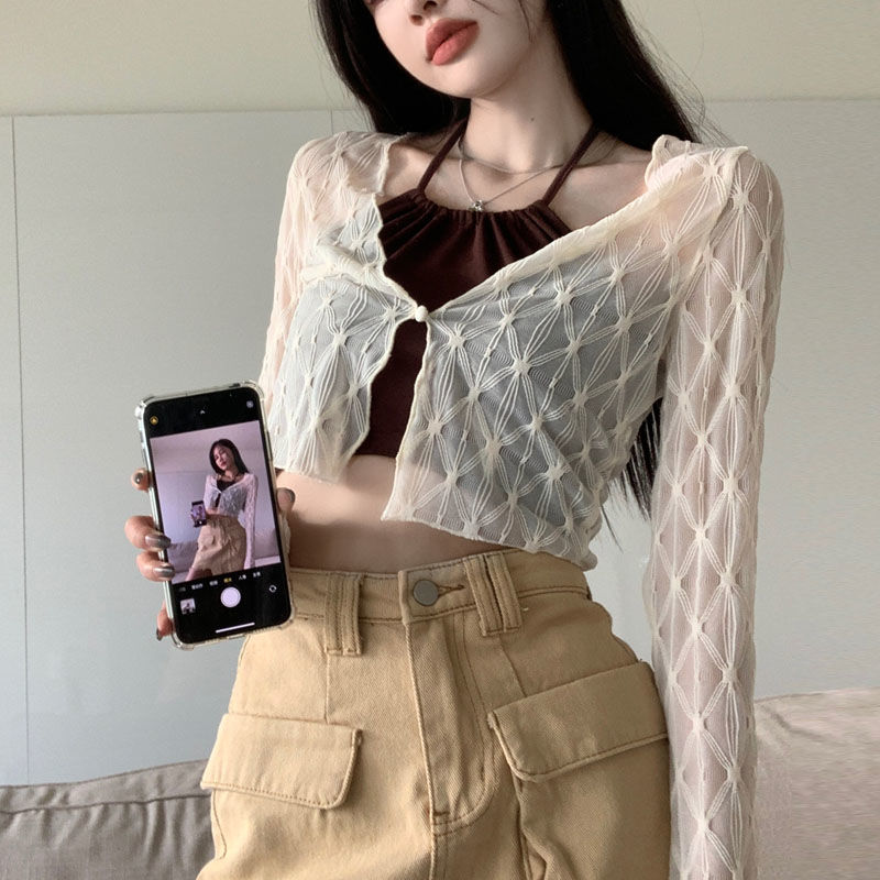 Lace waistcoat sun protection cardigan for women thin short shawl summer with suspender skirt and blouse top