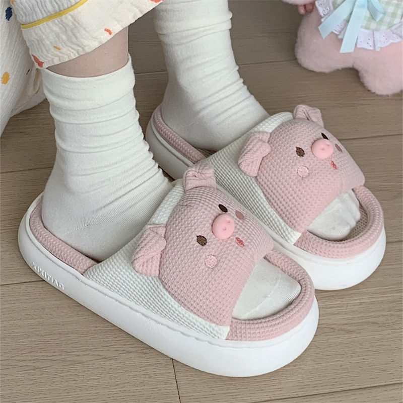 Thin strip cute pig new four seasons universal linen slippers home non-slip casual word slippers ladies
