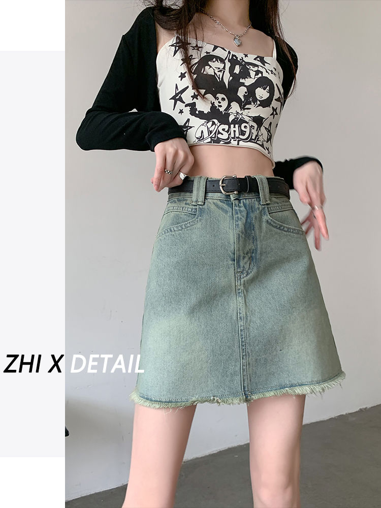 復古辣妹顯瘦牛仔半身裙女春夏新款a字毛邊防走光設計感小眾短裙