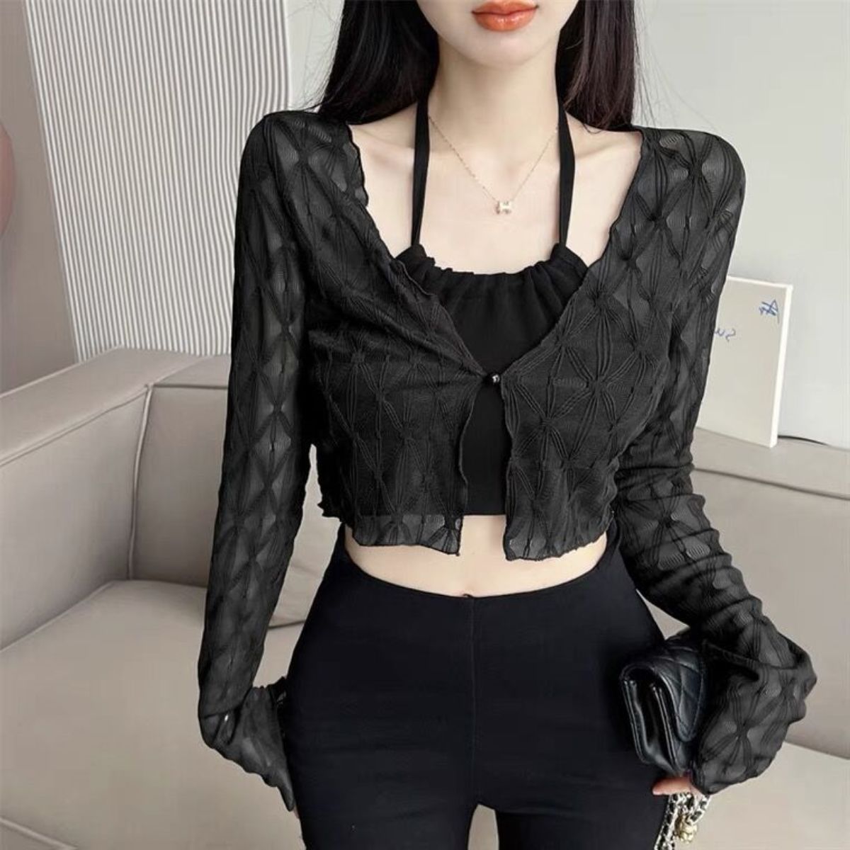 Lace waistcoat sun protection cardigan for women thin short shawl summer with suspender skirt and blouse top