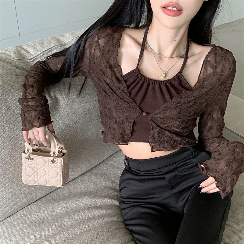 Lace waistcoat sun protection cardigan for women thin short shawl summer with suspender skirt and blouse top