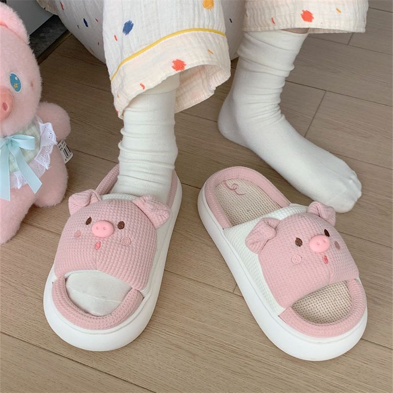 Thin strip cute pig new four seasons universal linen slippers home non-slip casual word slippers ladies