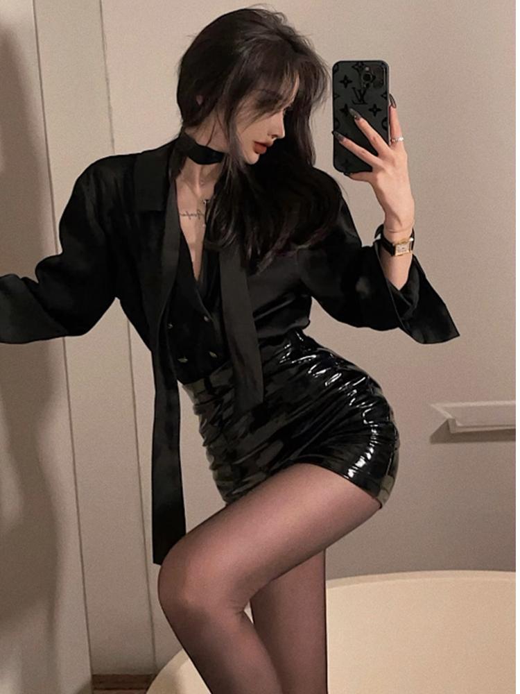 漆皮pu半身裙女亮面夏季緊身黑色a字高腰包臀亮皮短裙小皮裙