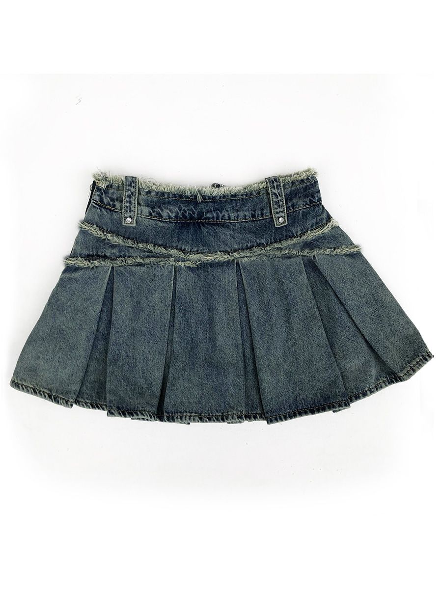 Denim skirt female summer hot girl raw edge skirt design sense niche American retro a-line skirt pleated skirt