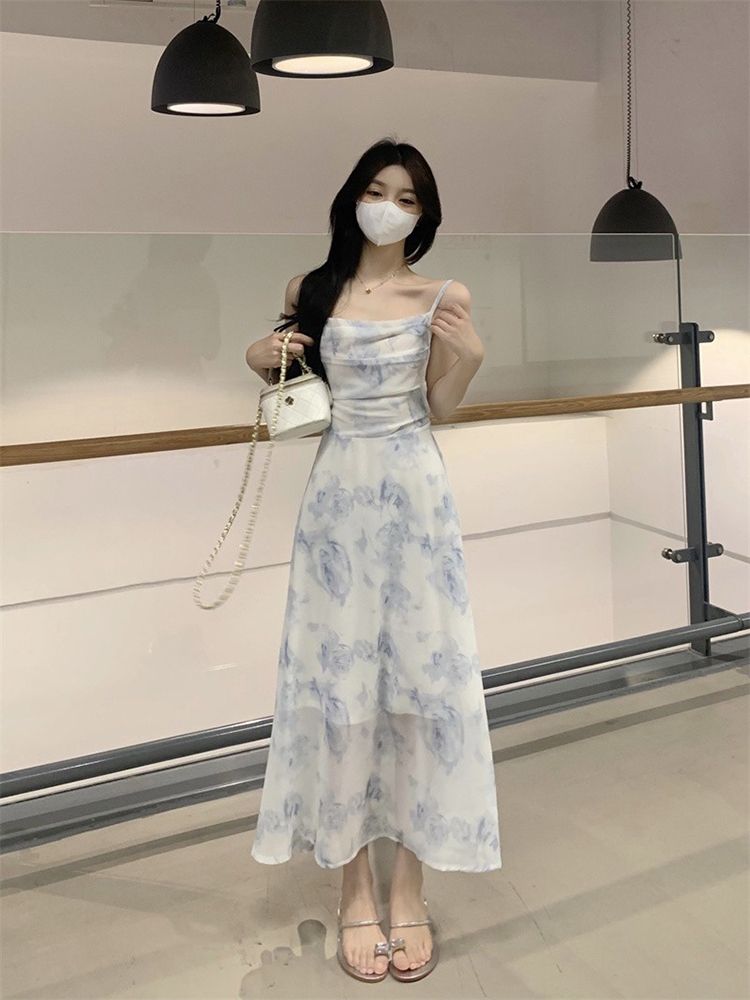 法式雪紡碎花吊帶連衣裙套裝春季小香風針織開衫外套兩件套女裙子