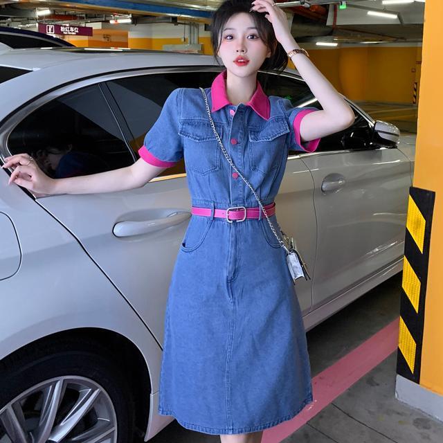 大碼女裝拼接設計感polo領牛仔裙夏季胖MM藏肉顯瘦撞色包臀連衣裙