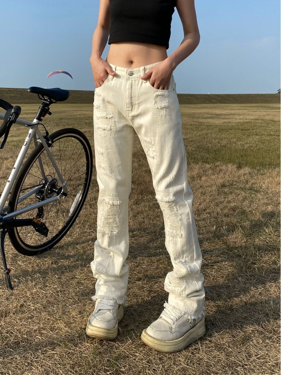 apocket美式vibe假破洞牛仔褲女ins小眾高街設計感修身直筒長褲子