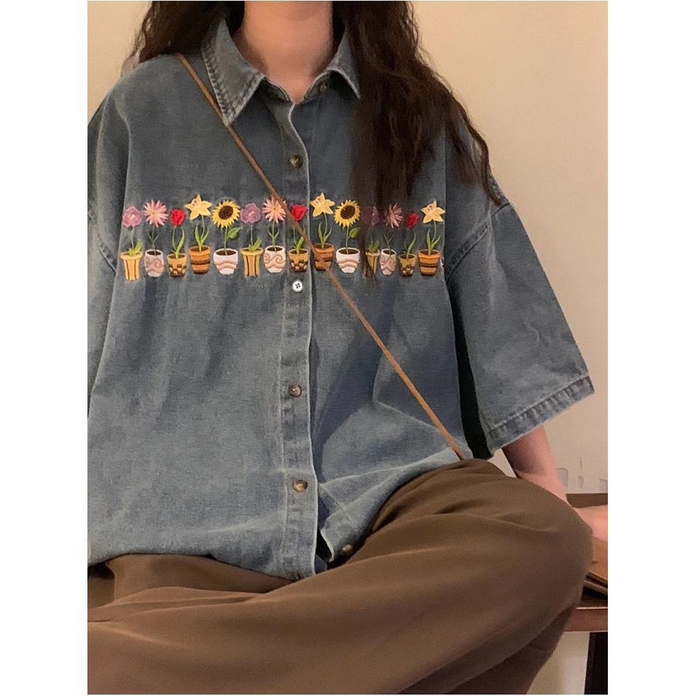 Summer  new ins American retro potted flower embroidery do old washed blue denim short-sleeved shirt women