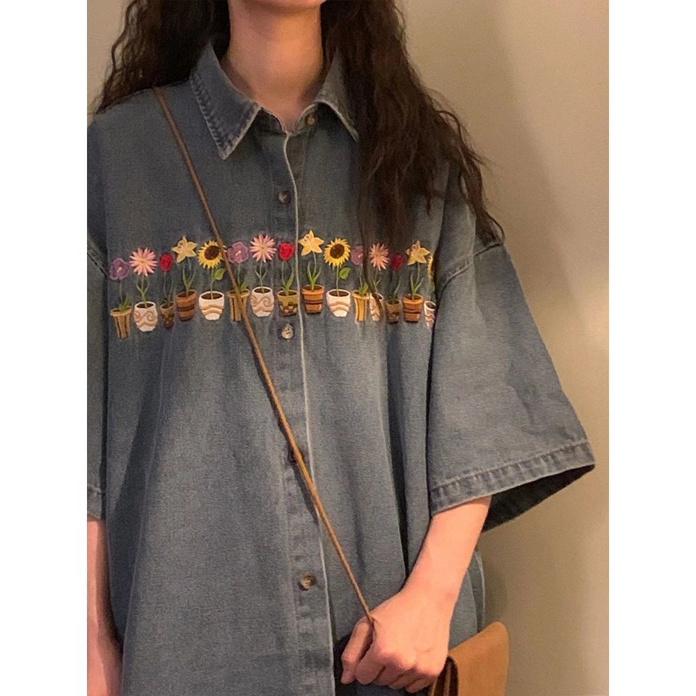 Summer  new ins American retro potted flower embroidery do old washed blue denim short-sleeved shirt women