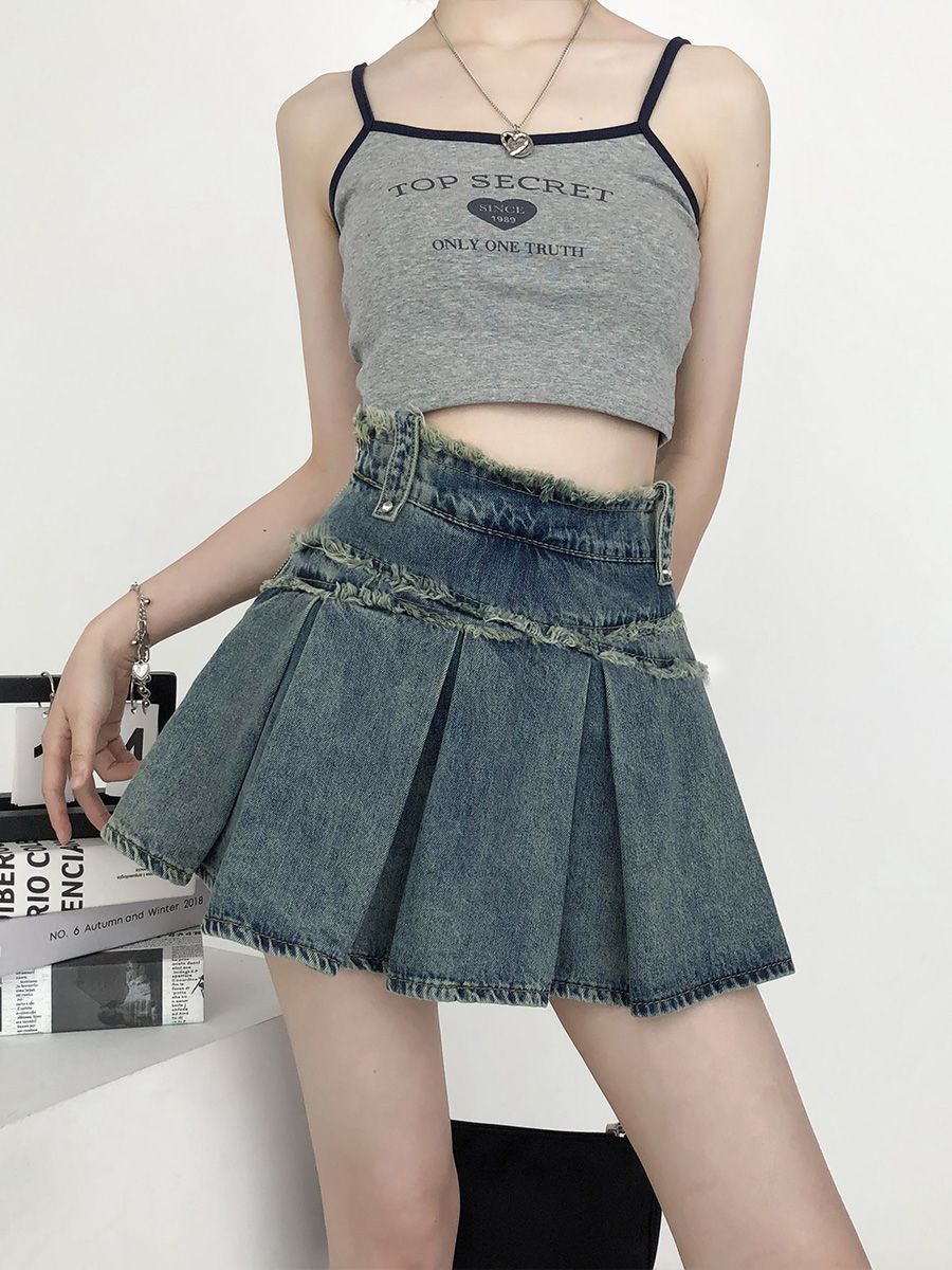 Denim skirt female summer hot girl raw edge skirt design sense niche American retro a-line skirt pleated skirt