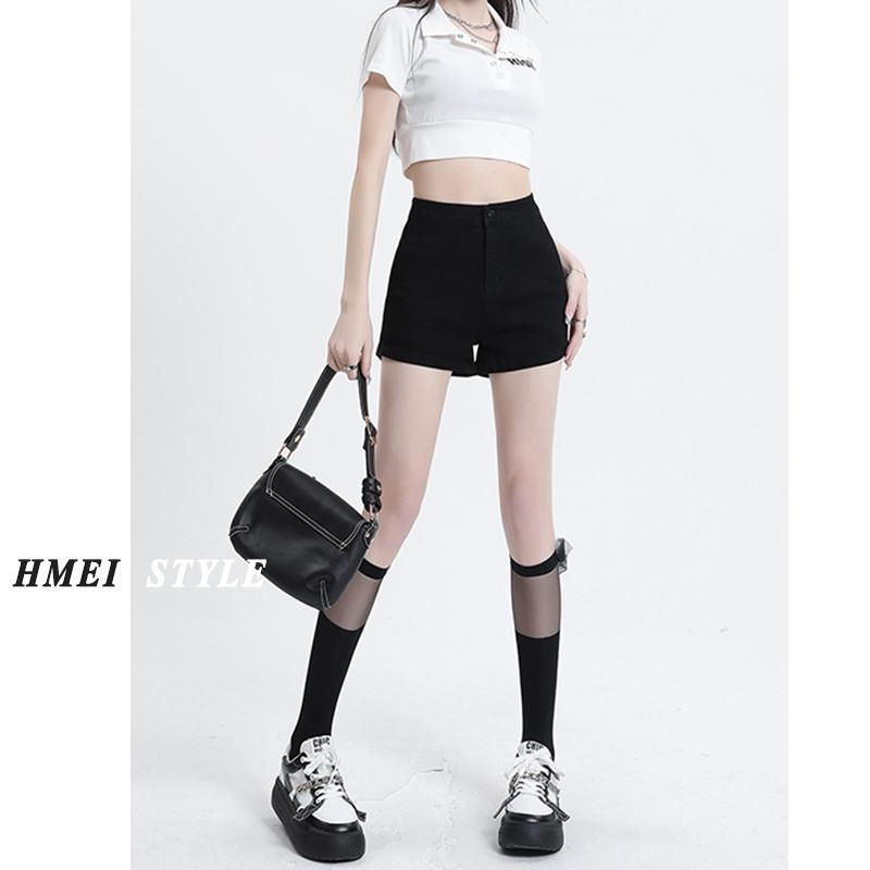 YSYOURS黑色牛仔短褲女2023年春夏新款高腰修身顯瘦彈力直筒褲子