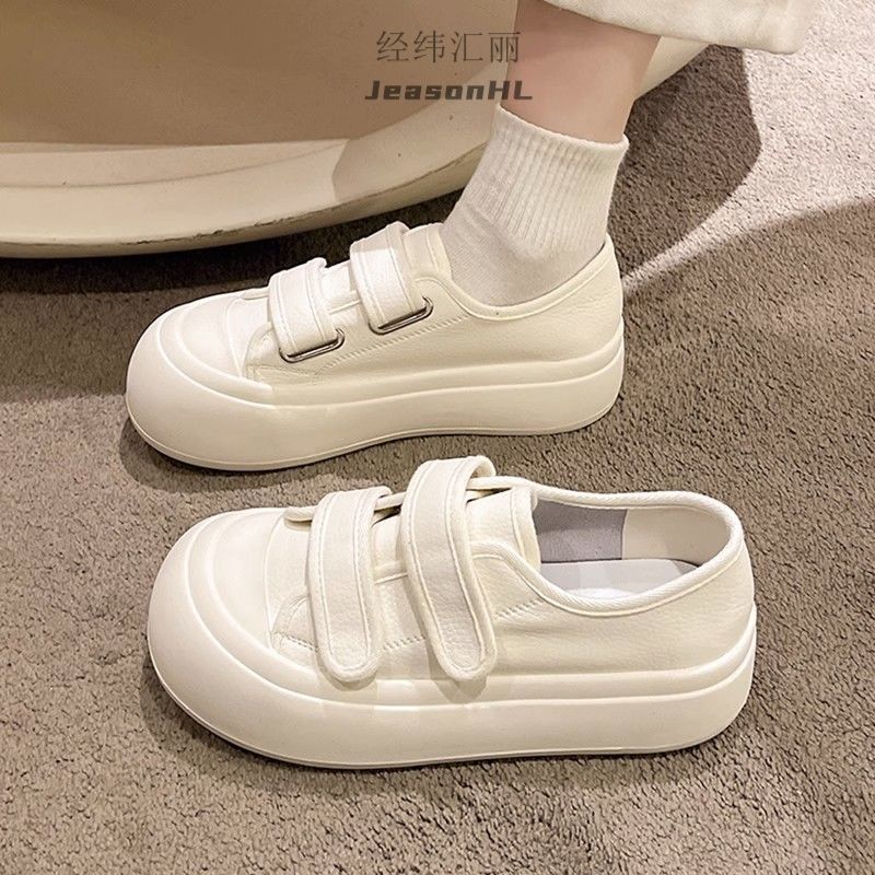 魔術貼厚底小白鞋女2023春季新款白色帆布鞋丑萌大頭港風休閒鞋子
