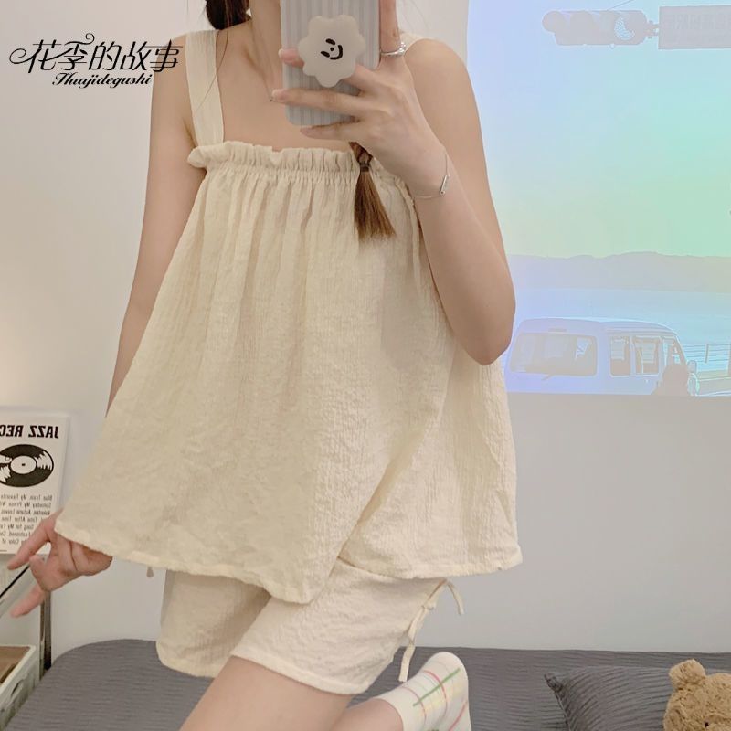 The story of the flower season suspender pajamas women's summer thin shorts simple students can wear home clothes two-piece suit