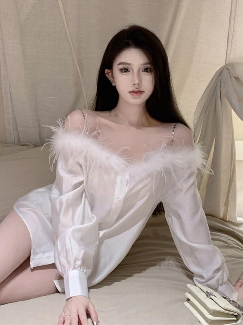 氛圍感寬鬆遮肉毛毛一字肩長袖襯衫女夏季新款別致甜辣設計感上衣