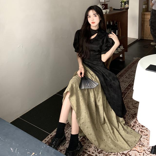 2023夏季新中式假兩件撞色連衣裙大碼胖mm氣質設計感旗袍中長裙子