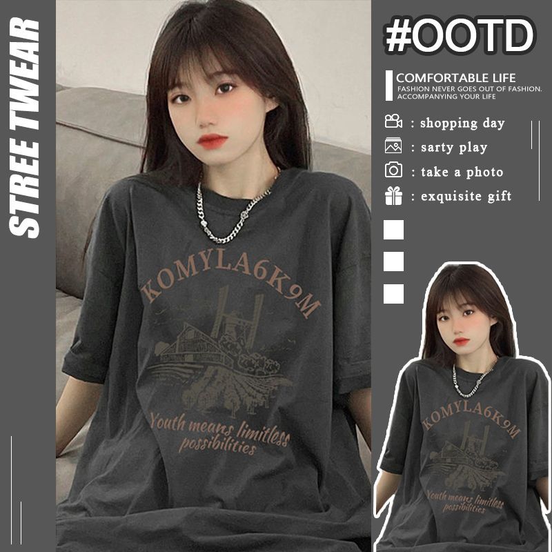 European and American trendy brand t-shirts hit the street pure cotton dark gray oversize loose short-sleeved couple casual tops ins style