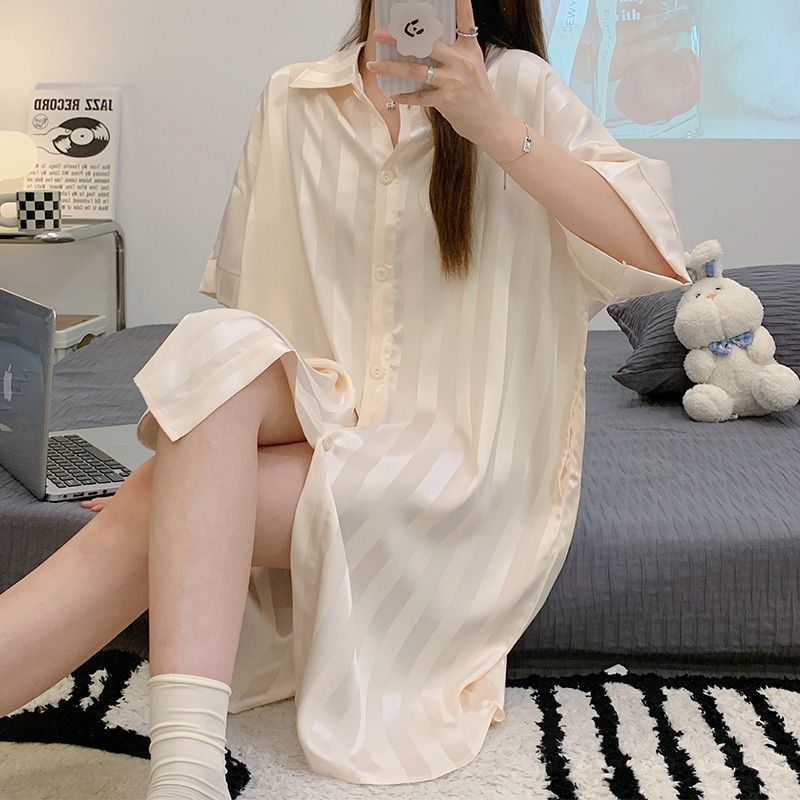 Pajamas women's summer ice silk nightdress can be worn outside Japanese 2023 new short-sleeved cartoon cute student home clothes