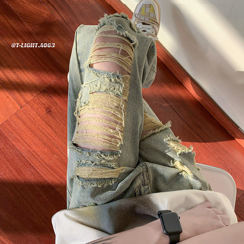 美式復古vibe風黃泥破洞牛仔褲男夏季薄款cleanfit寬鬆直筒乞丐褲