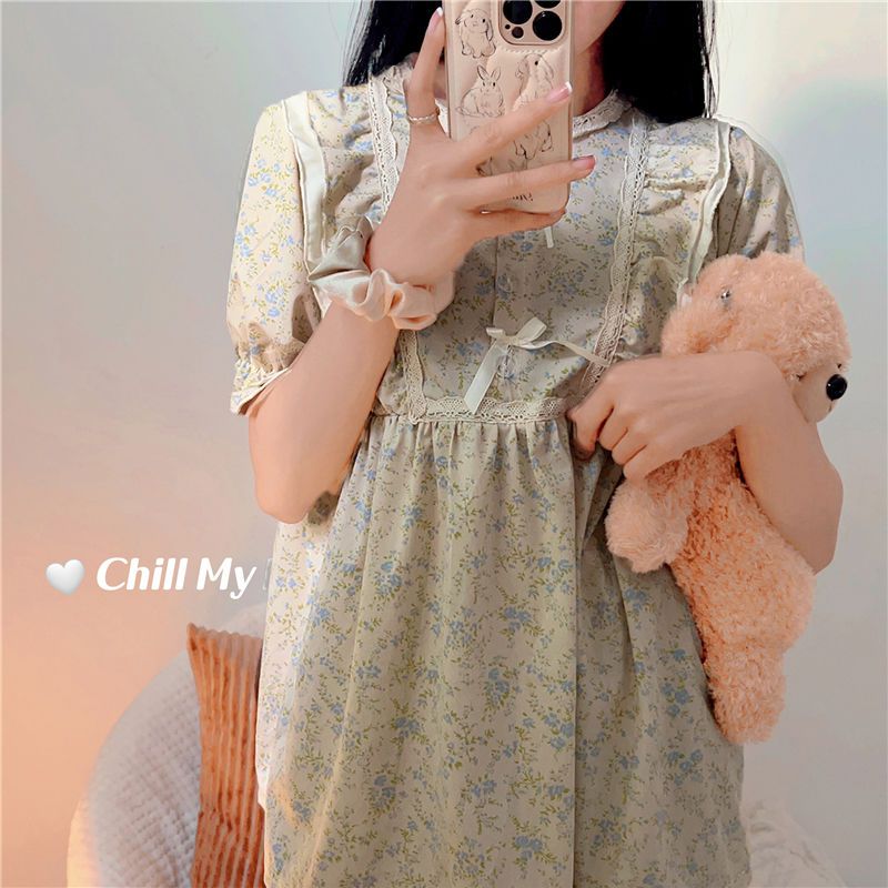 Summer nightdress short-sleeved pure desire floral net red style student pajamas female summer home service outerwear dress female models