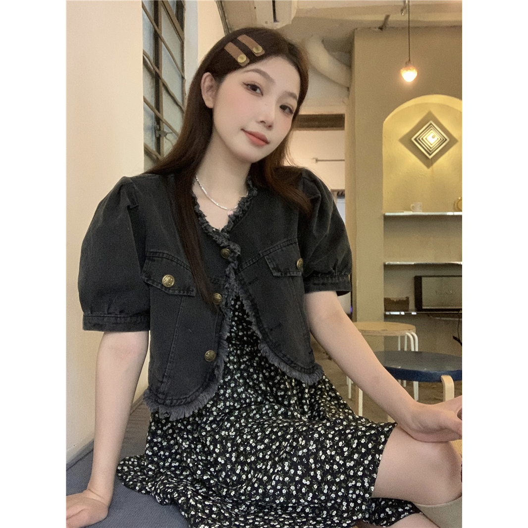 復古設計感泡泡袖牛仔外套女小個子碎花吊帶蛋糕裙夏季時尚兩件套