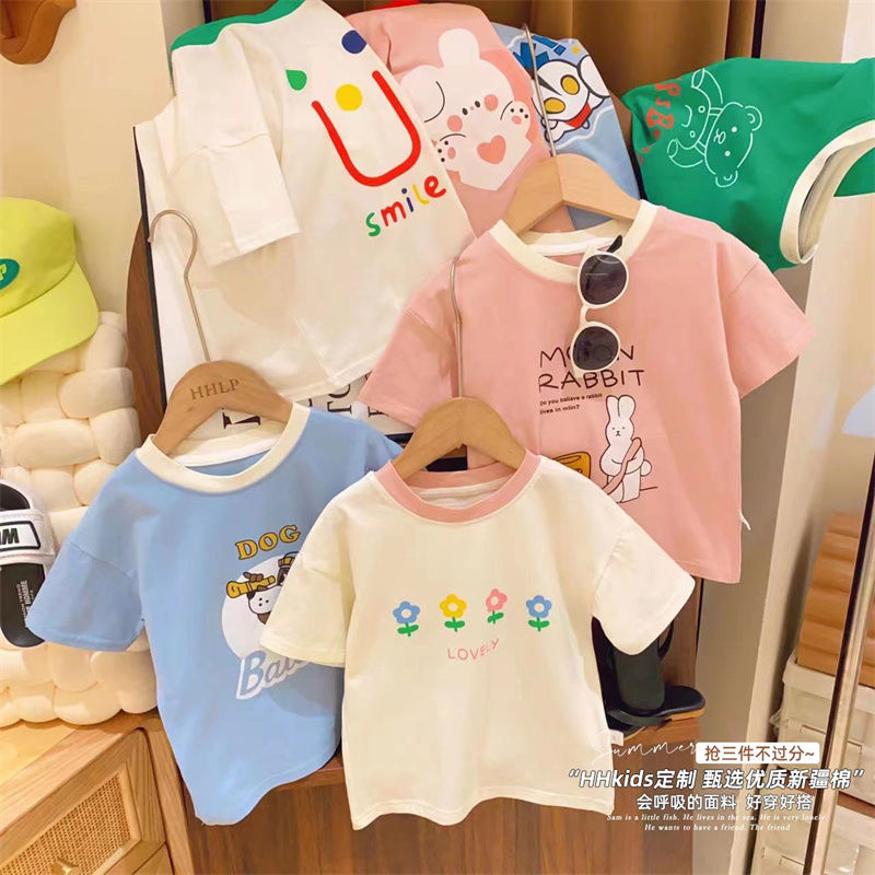 女童撞色領卡通印花百搭洋氣短袖打底衫T恤韓版夏裝卡通上衣潮款