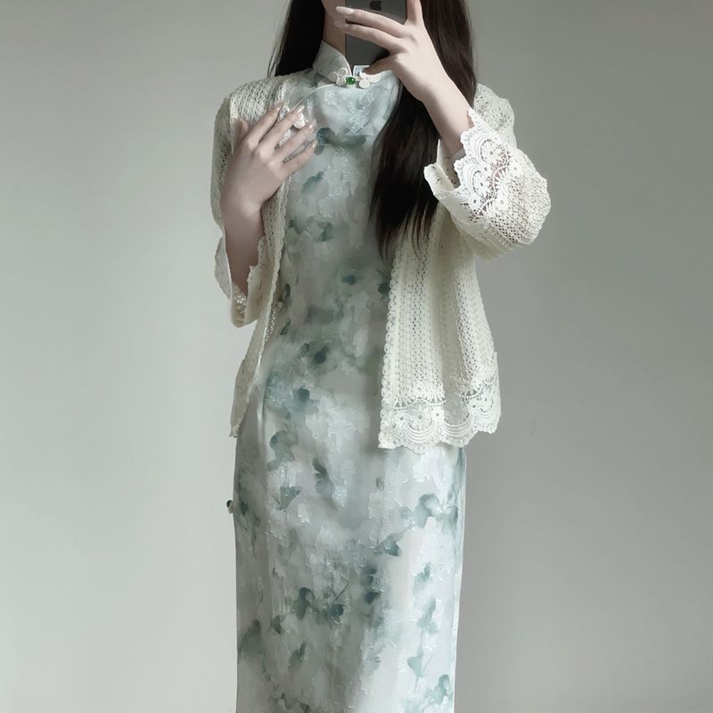 綠色旗袍新款2023夏季年輕款少女改良新中式清新雪紡連衣裙高級感
