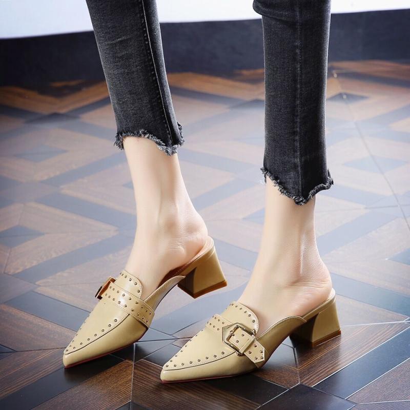  New Genuine Leather Baotou Half Slippers Women's Summer Rivet Belt Buckle Pointed Toe Middle Heel Slippers Thick Heel Wearing Sandals
