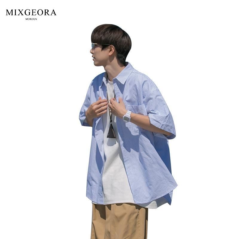 MIX GEORA日系条纹短袖衬衫男夏季休闲宽松百搭潮牌免烫薄款衬衣