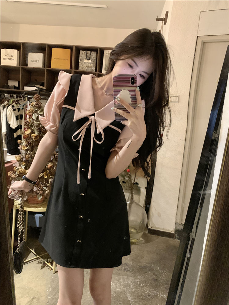 Doll collar tie short-sleeved dress women's summer  new sweet contrast color design sense waist slimming skirt