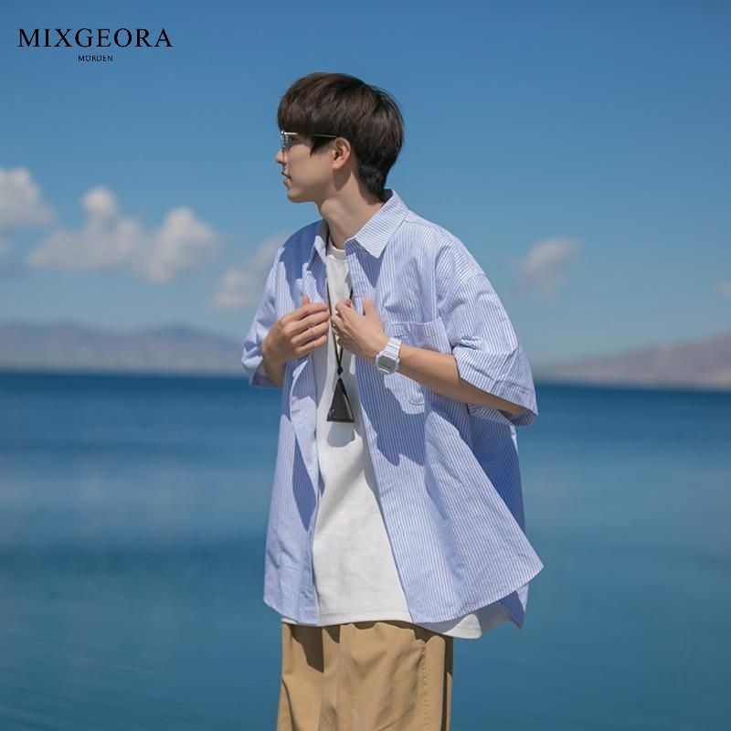 MIX GEORA日系条纹短袖衬衫男夏季休闲宽松百搭潮牌免烫薄款衬衣